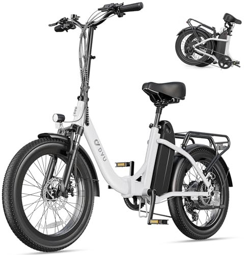 DYU C9 Bicicleta Eléctrica Plegable， 20 * 3.0 Pulgada Bicicleta Electrica, Batería Extraíble 48V 15.6Ah, Doble Suspensión, Frenos Disco Hidráulicos,7 Velocidades,Autonomía de 80-150KM(Blanco)