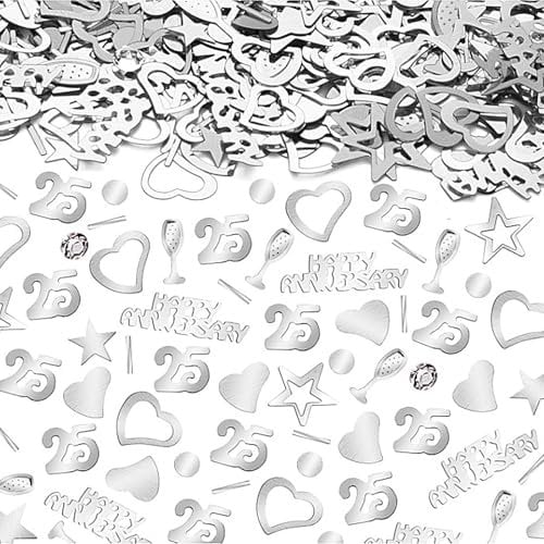 Ovanda Silberhochzeit Deko Konfetti Silberfarbenes Konfetti für 25 Jahre Silberhochzeit, Jubiläum, Happy Anniversary 25 Konfettis, Silberhochzeits Deko 25, perfekte silberne Partydeko