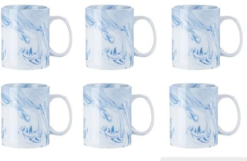 Blue Marble Print Ceramic Coffee Mug 11oz – Elegant Porcelain Cup for Tea, Coffee & Hot Drinks – Premium Gloss Finish | Dishwasher & Microwave Safe | Available in 1, 3, 4 & 6 Mug Sets (6 Mug Set)