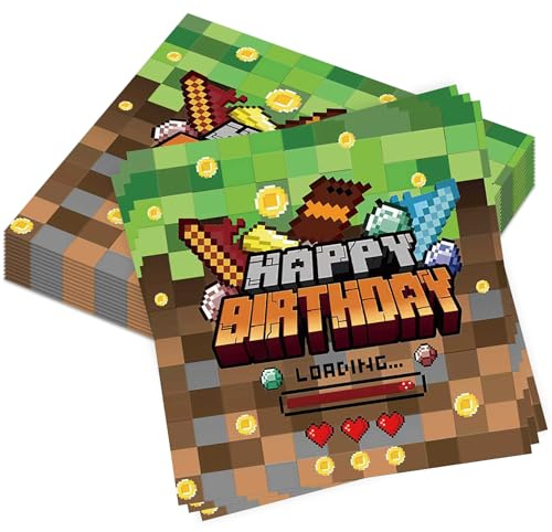 40 Stück Pixelmotiv Happy Birthday Servietten,Pixel Servietten Geburtstag | Pixelmotiv Servietten Geburtstag,Videospiel Geburtstag Serviettens,Mine Gamer Serviettens,Seidenpapier für Geburtstagspartys