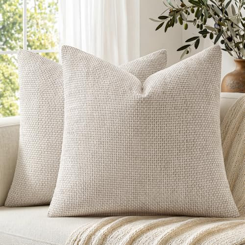 EMEMA Kissenbezug 50x50 Kissen Beige Chenille Sofakissen Dekokissen | Deco Kissenbezüge Kissenhüllen mit CouchKissen Zierkissen für Bett, Sofa und Wohnzimmer 2er Set