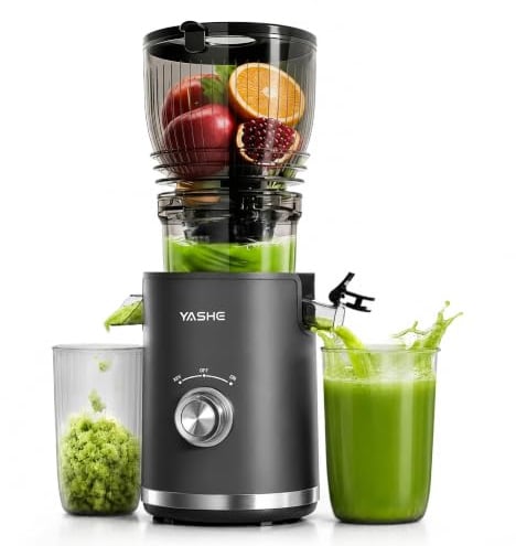 YASHE Cold Press Juicer, 148mm Extra Large Feed Chute for Whole Fruits & Vegetables, 300W Slow Masticating Juicer Machine, High Juice Yield, BPA-Free, Easy to Clean with Reverse Function