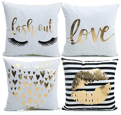 YNester 4PC Kissenbezug Goldfolie Druck Kissenbezüge Kissenhülle 45x45 cm Car Home Sofakissen Decor Dekokissen Wurfkissenbezug (Weiß Flanell Heißprägen)