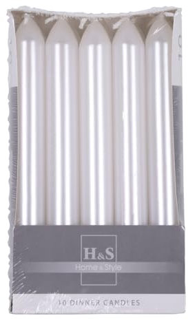 DONAU HOME Set Glatte Lackiert Stabkerzen/Metallic Weiß / 10 Stück im Karton / 17 x Ø 2 cm Unparfümiert/Zylindrische/Tafelkerzen zur Dekoration im Wohnzimmer, Bad / 6 Stunden Brenndauer