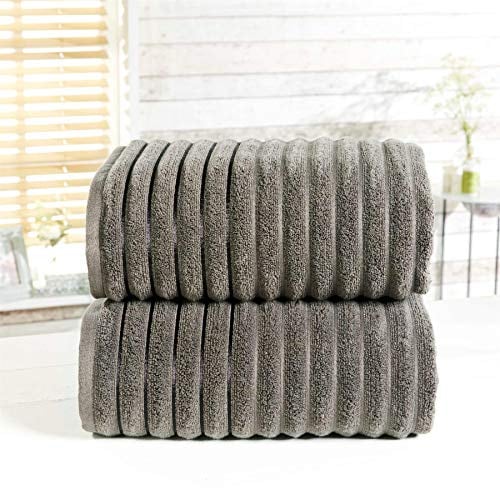 Rapport Ribbed 2 Piece 100% Cotton Towel Set, Charcoal, Bath Sheet-90 x 140cms