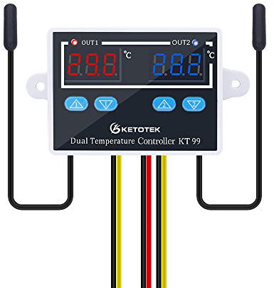 KETOTEK Controlador de temperatura Digital 220V con 2 impermeable Sondas, Termostato Incubadora Frigorifico Horno Control de Calentamiento Enfriamiento