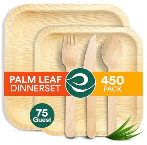ECO SOUL 100% Compostable Palm Leaf Dinnerware Set For 75 Guests [10, 6 Square plates 75 Count each | Fork, Knife, Spoon, 100 Count each] | Biodegradable Disposable Utensils for Wedding, Parties