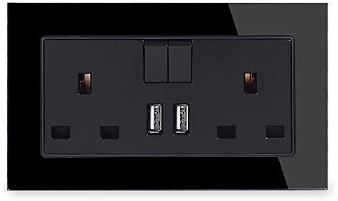 Standard Black UK Single/Double Plug in Power Wall Electrical Switched/USB Socket Charger Ports Crystal Tempered Glass Panel (Double with 2 USB)