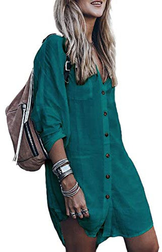 Bsubseach Long Sleeve Bikini Cover Up for Women Loose V Neck Swimwear Button Down Beach Shirt Tunic Dress Peacock Blue