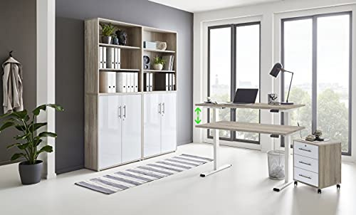 Büromöbel komplett Set mit elektrisch höhenverstellbaren Schreibtisch Arbeitszimmer e-Dition in Eiche Sonoma/Weiß Matt Gestell Weiß (Set 11)