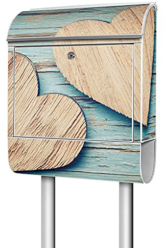 banjado® Briefkasten mit Standfuß Motiv Holz Herzen - Stand Briefkasten mit Zeitungsfach pulverbeschichtet aus Stahl weiß - Postkasten A4 Einwurf inkl. Montagematerial & 2 Schlüssel