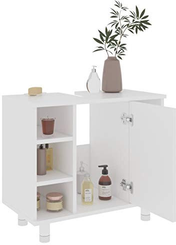 Gecheer Badezimmerschrank Badschrank Badezimmer Waschbeckenunterschrank, Aufbewahrungsschrank Schrank Waschtisch Unterschrank Badmöbel,mit 7 Fächer und 1 Tür, Weiß 60x32x53,5 cm Spanplatte