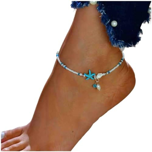Cimenexe Böhmisches Seestern-Fußkettchen, weiße Meeresperlen-Fußkette, Perlenkette, Fußkettchen, verstellbare Muschel-Fußkettchen, Sommer-Strand-Fußkette, Schmuck für Frauen und Mädchen