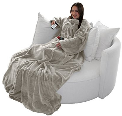 Brandsseller - Coperta per TV morbida con maniche a effetto cashmere, sacca copri piedi e 2 tasche, 150 x 180 cm, grigio tortora