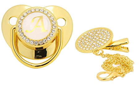 Alomejor Goldener Baby-Schnuller, Gebogenes Design, 26 Buchstaben, Sichere Materialien, Gesunder Bling-Baby-Schnuller mit Clips für 6 Bis 18 Monate(A)