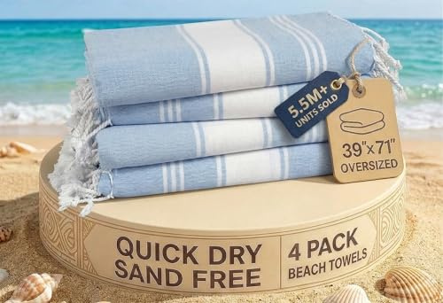 LANE LINEN Lot de 4 serviettes de plage, serviettes de plage surdimensionnées pour adultes, serviettes de plage légères de voyage, prélavées pour un toucher doux, serviettes de plage à séchage rapide