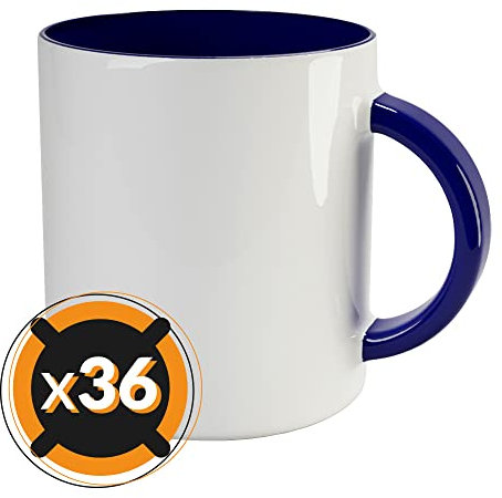 PixColor - 36 Tazas de sublimación de cerámica blanca con interior de color azul marino | 350 ml (11 oz) | AAA | Aptas para microondas y lavavajillas | Cricut