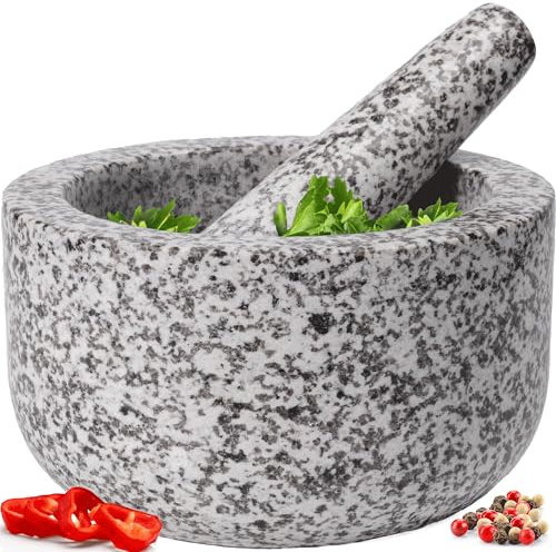 Mortier et pilon en granit naturel robuste, sculpté à la main, pour faire du guacamole frais, de la salsa, du pesto, du broyeur en pierre, un broyeur à herbes, un moulin à épices, 4 tasses, blanc