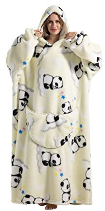Extra Lang Wearable Blanket Hoodie, Oversized Blanket Sweatshirt for Women and Men, Super Warm and Cozy Giant Hooded Blanket Thick Flannel Blanket with Sleeves and Giant Pocket, Panda weiß, One size