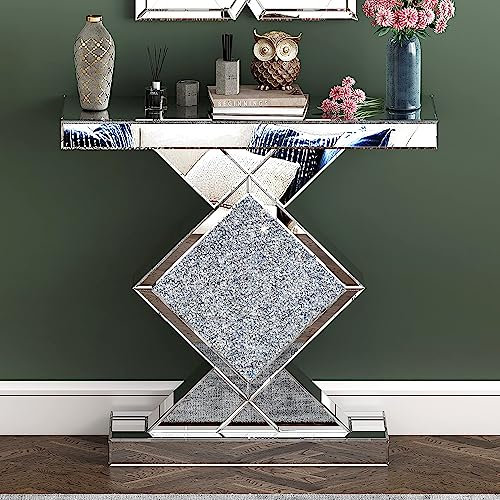 SHYFOY Table console miroir avec diamants cassés, table de couloir avec plateau en verre, table basse pour salon, couloir, chambre à coucher