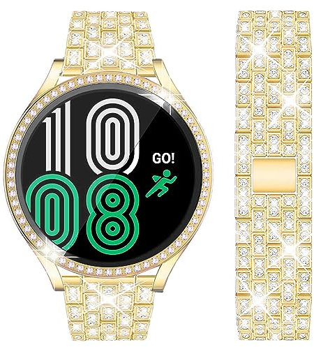 DEALELE Correa y funda de vidrio templado compatible con Samsung Galaxy Watch 5/4 de 44 mm, 20 mm, bandas de metal con diamantes brillantes y funda protectora completa para mujeres y hombres (dorado)