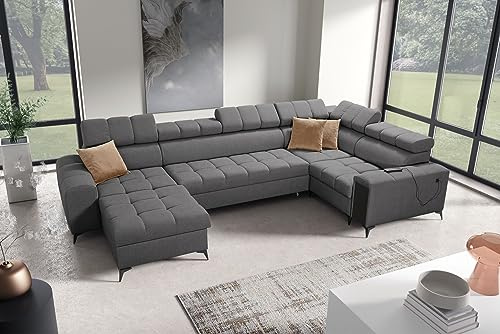 All4All Ecksofa mit Schlaffunktion Gonti IV Mini 337x201 cm - Schlafsofa mit Bettkasten - Sofa in U-Form - Wohnlandschaft XXL Sofa - Eckcouch Groß - Seite Links - Dunkelgrau - Gewebe - Modern 26