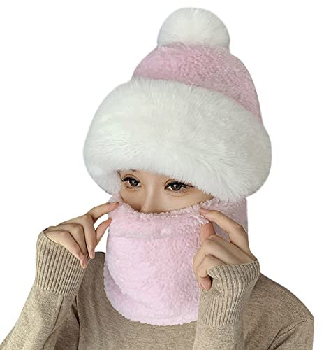 Frauen winddichte Schalmütze Winter warme Schalmütze Set weiche gestrickte Plüschmütze, Baumwollhut Fleecemütze Strickmützen für Damen, Winddichter Mütze Schal 2 in 1, Frauen Flanell Mütze Schal Set