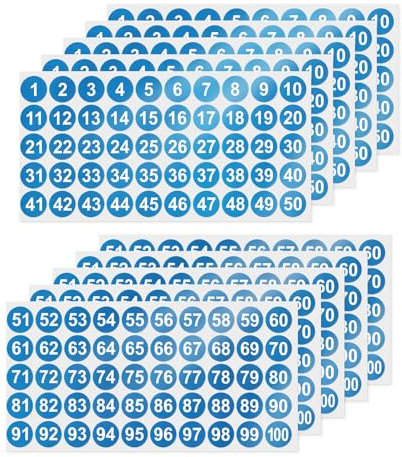 YIKIADA Blau Nummer Aufkleber 25 mm Vinyl 10 Blatt 1 bis 100 Wasserdicht Zahlen Klebepunkte Selbstklebende Etiketten für Büro Heim Kinder 500 Stück