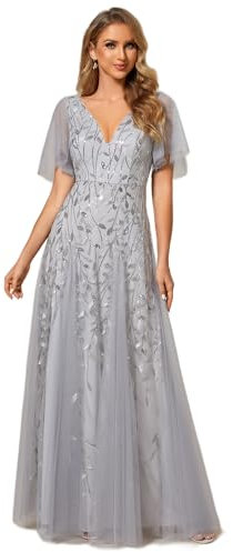 Ever-Pretty Women's V Neck Short Sleeve Elegant Floor Length A Line Long Tulle Evening Dresses Silver 16UK