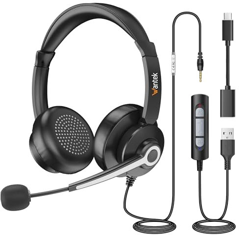 Wantek Cuffie USB con microfono per computer portatile - Cuffie per computer con microfono Cancellazione del rumore - Business Office Cuffie da lavoro con controllo del volume in linea e muto
