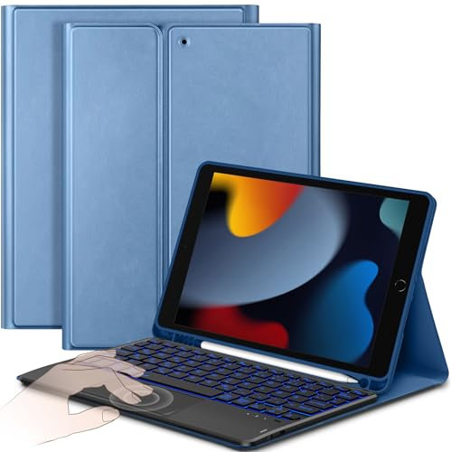 CACOE Hülle Tastatur Kompatibel mit iPad 9. Generation 10.2 Zoll mit Touchpad, 7-Farbige Beleuchtung Abnehmbare Kabellose für 9/8/7 2021/2020/2019.Gen, Elektrisches Blau