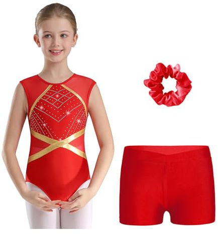 Agoky Mädchen Gymnastikanzug Ärmellos Turnanzug Mesh Spleiß Tanzbody Glitzer Strasssteine Leotard mit Sport Shorts Haargummi Ballett Tanz Outfits