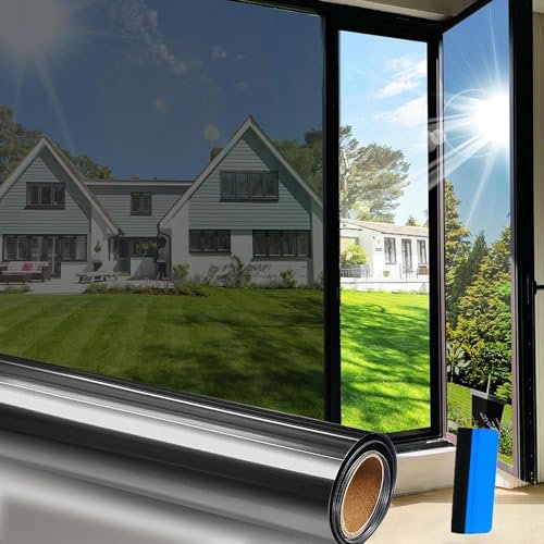 Fyuein Fensterfolie Blickdicht Selbsthaftende Fensterfolie Statisch Haftend Dekorfolie Sichtschutzfolie Anti UV Sonnenschutz (Silber-Spiegelfolie, 60x400CM)