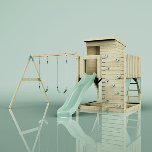 PolarPlay Spielturm Björn aus Holz in Grün Kinderschaukel