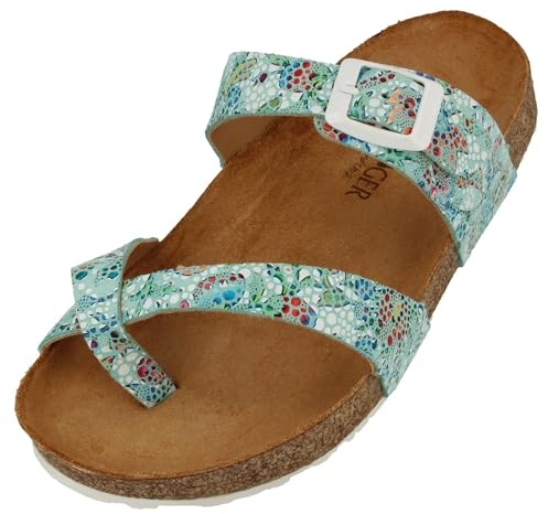 HAFLINGER Bio Juno Leder Pantolette Sandale Korkfußbett Unisex Blumenmotiv Grün (1921), Gr 42