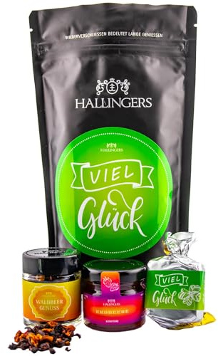 Hallingers Genuss Manufaktur Feinkost Glückwunsch-Geschenk-Set - wertig in der Wundertüte Viel Glück kleiner Glücksgruß Nougat-Busserl, Früchte-Tee & Erdbeer-Konfitüre, Geschenkidee für Frauen