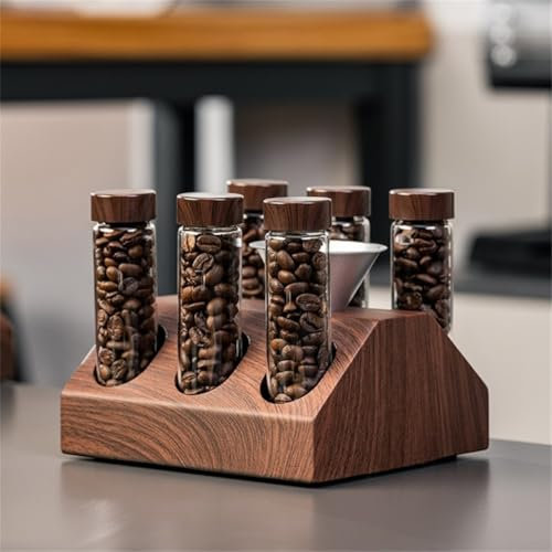 Coffee Bean Jars Canisters Coffee Storage Containers Walnut Solid Wood Base 12 Tubes Single Dose with Wooden Holder Coffee Bean Cellar Dosing Glass Vials With Lids Display Stand(6 Tubes)