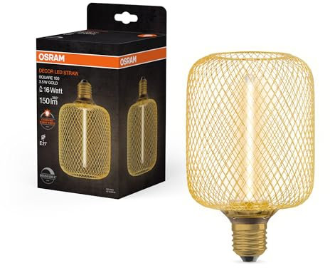 Osram DECOR quadratische LED Lampe mit 3.5W und Strohfilament, gemütliches Warmweiß 818, 150lm/1800K, klares goldfarbenes bleifreies Glas, mit E27 Schraubgewinde, dimmbar, 100 mm Durchmesser.