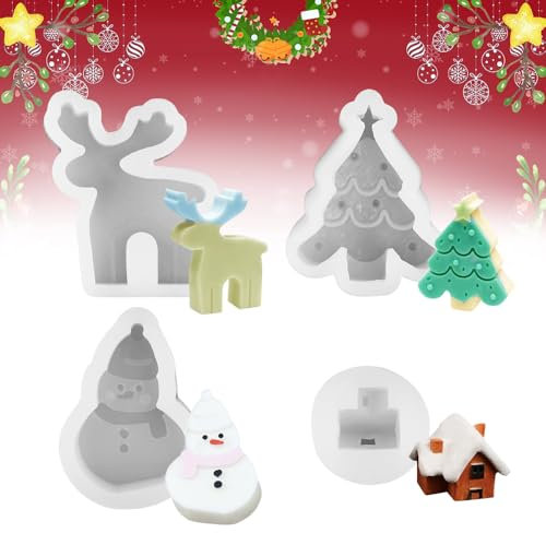 DTYGUIXE Moldes de Silicona para Manualidades de Navidad, 4 Moldes para Resina Epoxi de Navidad de Reno Muñeco de Nieve Árbol Casita Moldes de Silicona para Hacer Velas Jabones Adornos Navideños