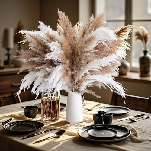 30PCS Pampasgras Deko – Ästhetische Vasen und Vintage Landhausstil Blumen für Wohnzimmer, Schlafzimmer & Badezimmer(weiß, Natur)