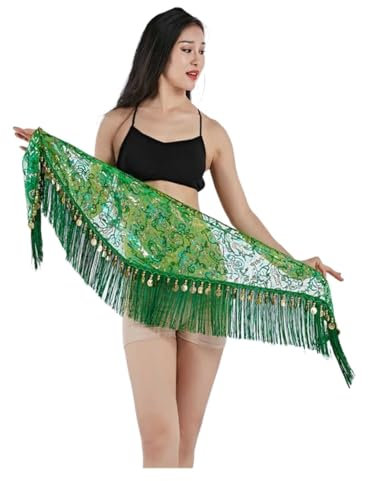 Bauchtanz Hüfttuch,Bauchtanz,Bauchtanz Gürtel Bauchtanz Professionelle Kostüm Zubehör Tanzgürtel Dreieck Bauchtanz Hip Schal Für Frauen(Green,Silver Coins)