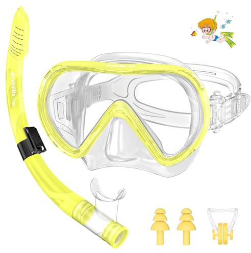 SkrekuiMa Taucherbrille mit Schnorchel Kinder, Schnorchelset Kinder Schnorchelmaske mit Faltbar Schnorchel & Verstellbarem Silikonband, Anti-Leck Anti-Fog Tauchmaske für 4-14 Jahre