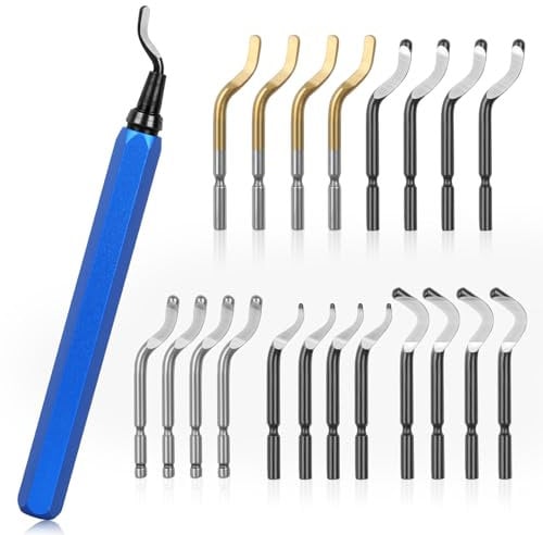 KOMABLEN 21 Pezzi Sbavatore di Attrezzi Set, Sbavatura Strumento con 20 HSS Lame di Ricambio, 360°Rotazione Sbavatore per Metallo per Stampante 3D, Plastica, Alluminio, Rame e Acciaio