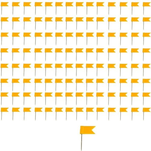 Drawing Pins 100pcs,Yellow Flag Map Push Pins,Travel Map Pins,Push Pins for Cork Bulletin Board, Picture, Map Marking