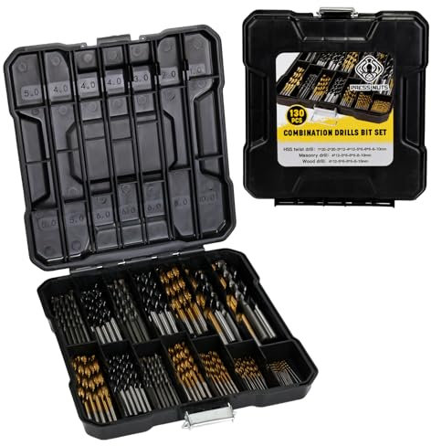 PRESS NUTS 130PCS Mixed Multi Drill Bit Set, 1 to 10mm HSS Titanium Twist Drill Bits, Masonry & Brad Point Bits for Metal, Wood, Plastic, Brick & Concrete, With Tray Case