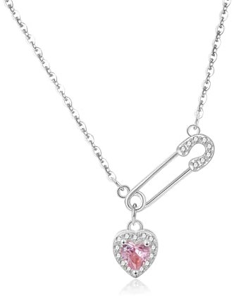 SILBERTALE 925 Sterling Silver Safety Pin Necklace Pink Heart Pendant Necklace Choker Necklace for Women Paper Clip Pendant Fashion Jewellery