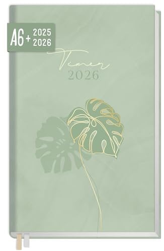 Häfft® Chäff-Timer Mini Taschenkalender 2025/2026 A6+ Green Monstera Terminplaner klein, Laufzeit Jul 2025 - Dez 2026, 1 Woche auf 2 Seiten- nachhaltig & klimafreundlich