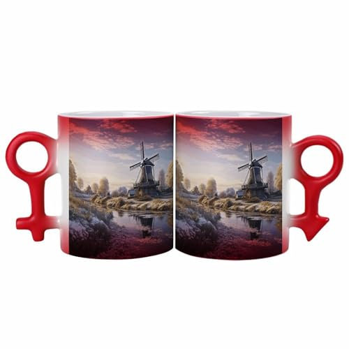 MNVTSKOP Tasse à café magique rouge de 328,9 g avec un moulin à vent traditionnel imprimé symbole de couple, tasse à café en céramique, tasse à café amusante à changement de couleur pour petit ami,