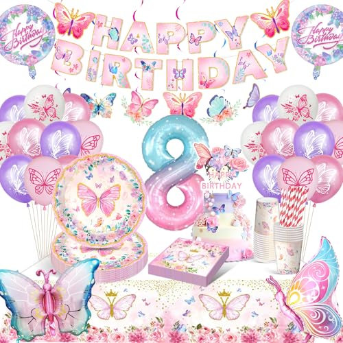 Farfalla decorativa per compleanno, decorazione di compleanno per bambine 8 anni, set di stoviglie per feste, palloncini, piatti di carta, tovaglia per decorazioni di compleanno e ragazze