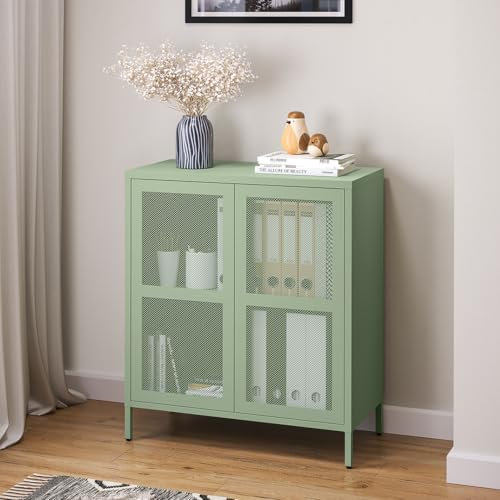 skølm Zephyr Metall Kommode – Sideboard mit 2 Fächern & flexiblen Einlegeboden – Mehrzweckschrank mit Push-to-Open-Türen – Metallschrank Mintgrün – Industrial Aktenschrank – Flurschrank mit Füßen